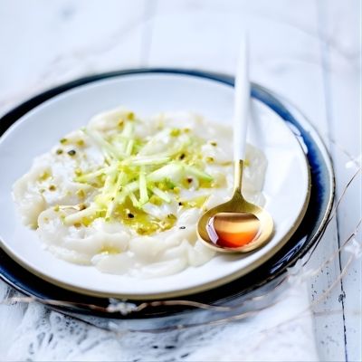 Kamskjell carpaccio med bringebæreddik